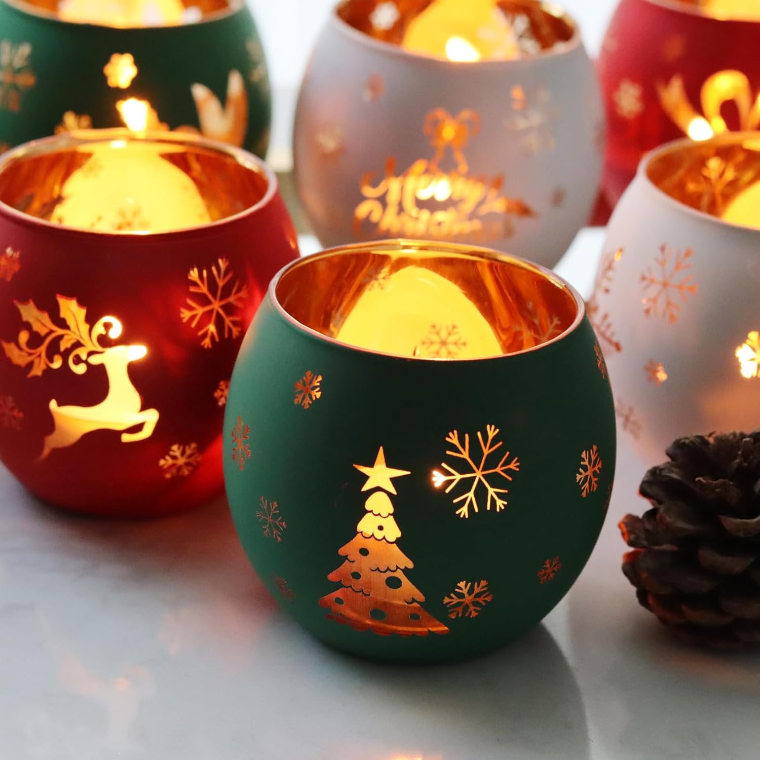 Skiennix Christmas Votive Candle Holder Set - 6 Red, Green & White Glass Tealight Holders with Laser Engraved Patterns for Festive Table Decor