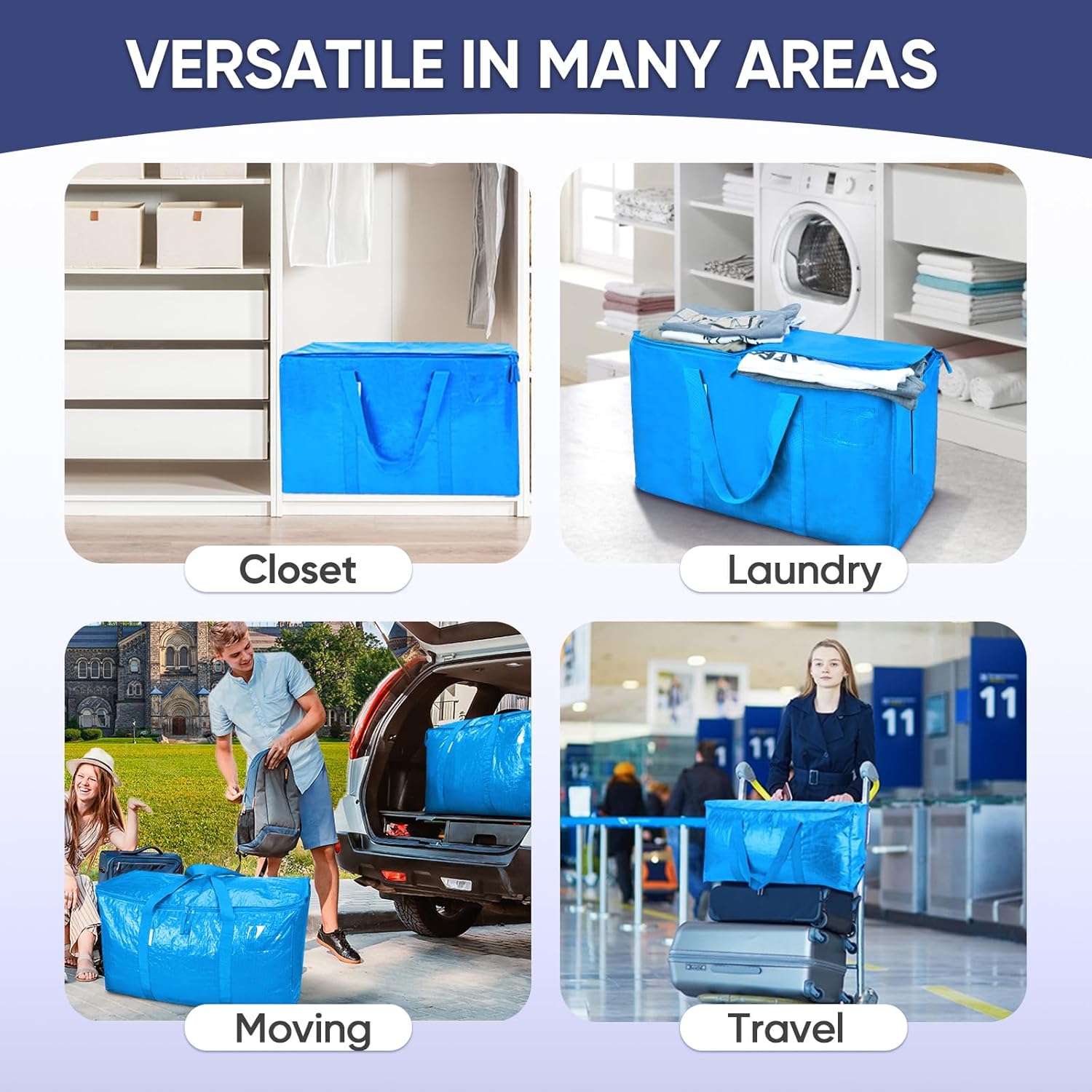 TICONN Extra Large Moving Bags - Heavy Duty Storage with Zippers & Handles | 6 Pack, Sky Blue