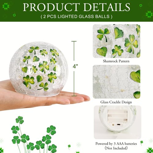 FRAMICS 2 PCS St Patricks Day Decorations 4" Shamrock Globe Night Light with Timer Clover Crackle Glass Ball Light for Table Centerpieces Lighted Decorative Ball Lamp Tabletop LED Light Decor Gift