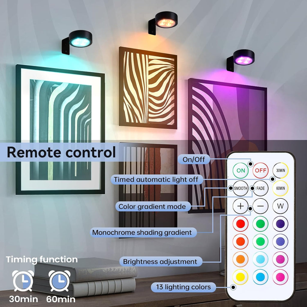 Skiennix Wireless Battery Operated Painting Light - 13 Color RGB, Remote Control, Dimmable | 2-Pack Black Display Light