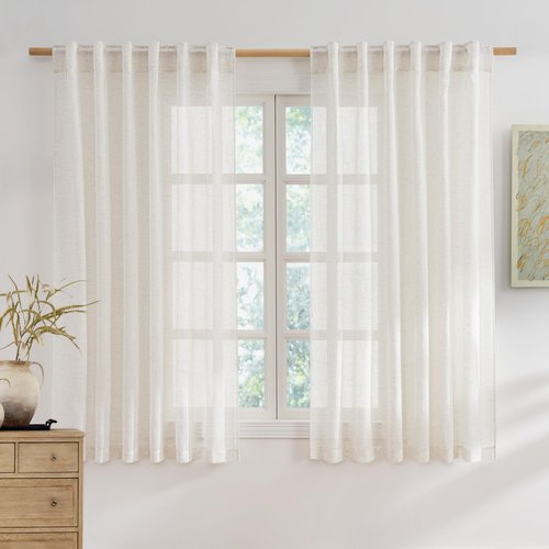 NICETOWN Sheer Linen Curtains 96 Inch Length for Bedroom Living Room 2 Panels, Ivory Rod Pocket & Back Tab Semi Sheer Drapes Privacy Semitransparent Farmhouse Window Treatment, W52 x L96