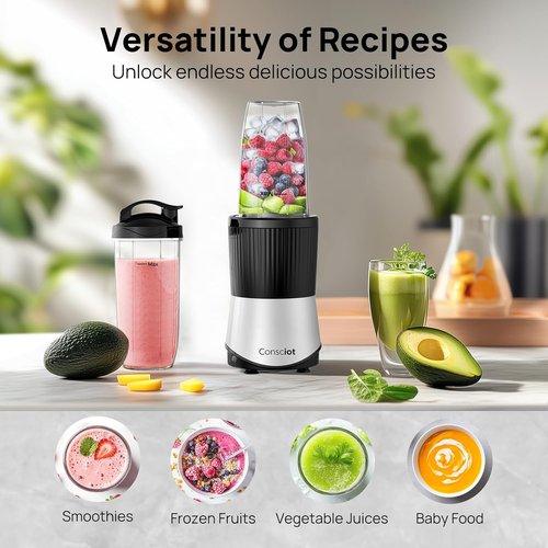Consciot CB08 11-Piece Blender - Powerful 900W for Smoothies, Shakes & Baby Food | 3 Portable Cups & Lids