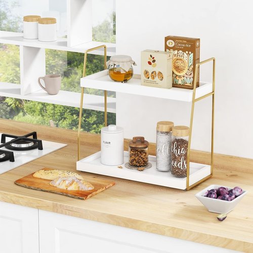Forbena Bathroom Organizer - Elegant 2-Tier Countertop Storage for Makeup & Skincare | White & Gold