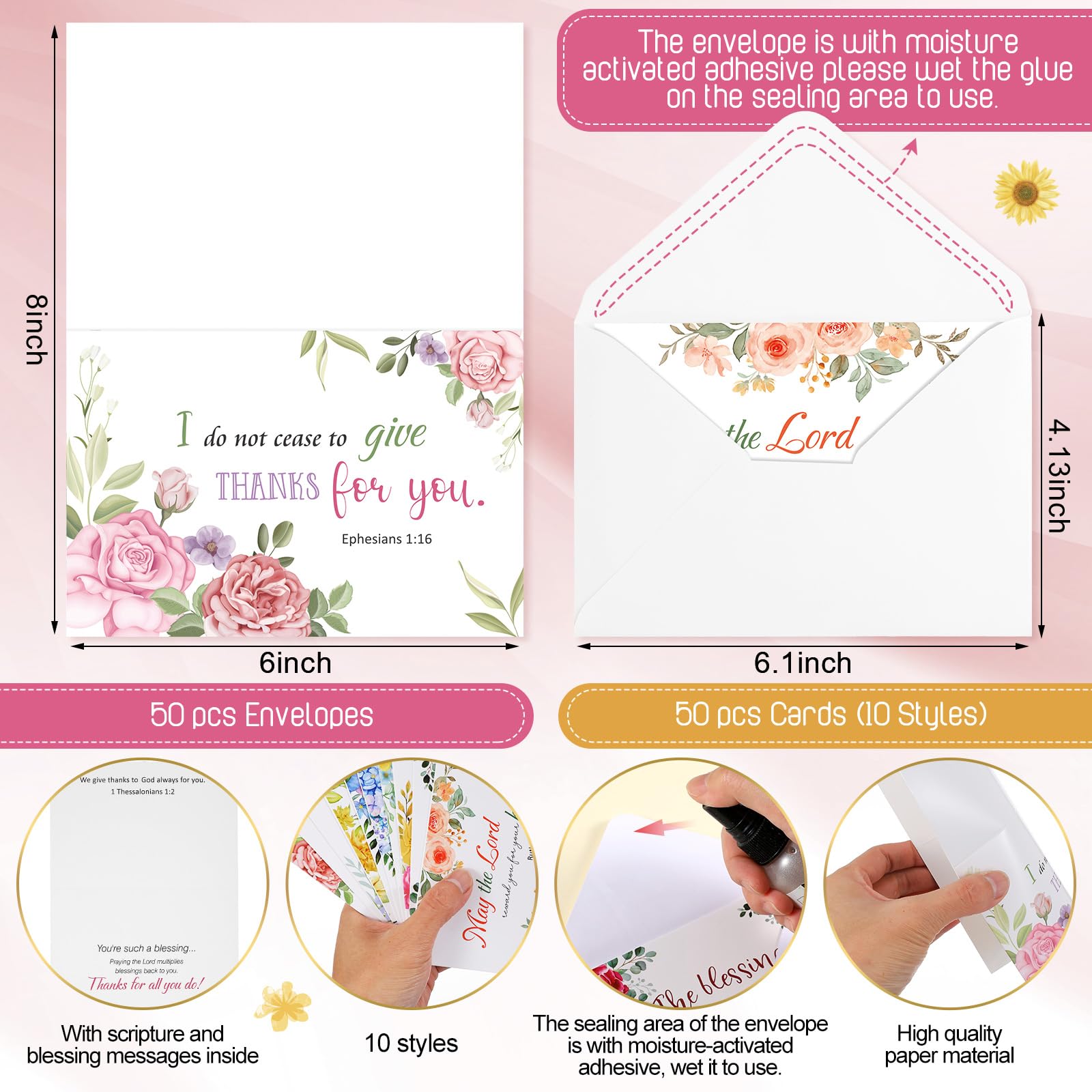 Affrolling 50 Pack Spring Religious Christian Thank You Cards Bulk with Scripture Envelopes Stickers Bible Verse Greeting Cards Encouragement Inspirational Baptism Notes 4x6 Inch, Watercolor Flower