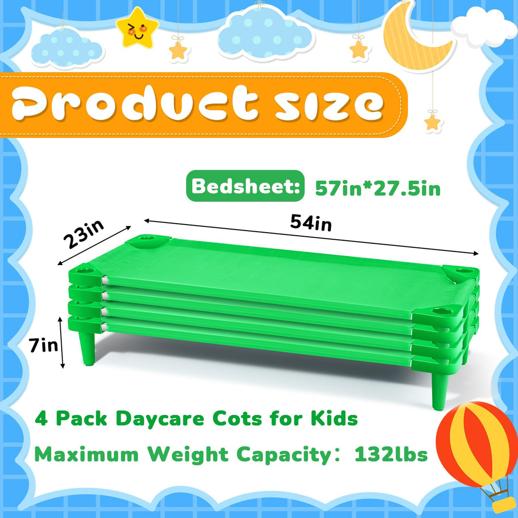 Burbell 4 Pcs Stackable Daycare Cots for Toddler 54" l x 23" W Kids Cots for Sleeping Portable Kids Bed Furniture Bed Frames Headboards Footboards for Classroom Preschool (Green)