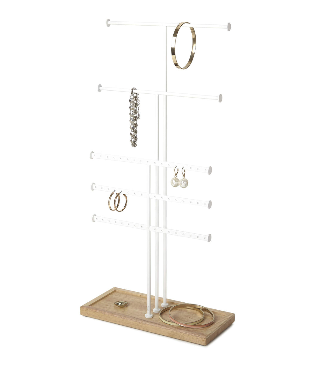 Umbra Trigem Tiered Tabletop Jewelry Organizer Freestanding Hanging Necklace, Earring and Bracelet Display, 5, White Natural