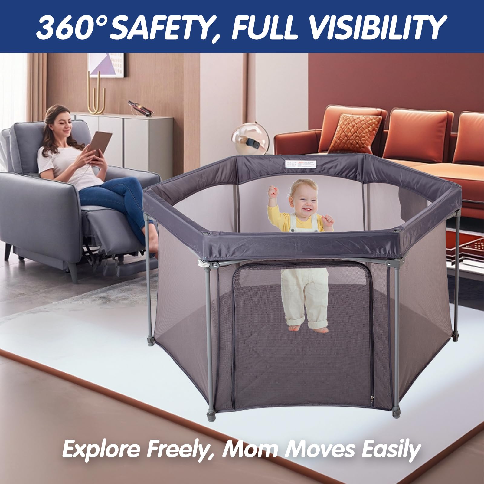 Baby Playpen 53x53 Inch, Indoor/Outdoor Portable Play Yard No Extra pad Required with Breathable Mesh Walls, Enclosed Safe Space for Babies, Quick Foldable Playpen for Home Travel Park (Grey)