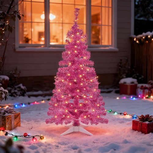 Juegoal Pink Artificial Tree, 4 FT Pre-lit Christmas Tree, Lighted Tinsel Pencil Pine Spruce Trees with Warm White Lights, 8 Lighting Mode Battery Powered for Xmas Holiday Winter Home Party Decor