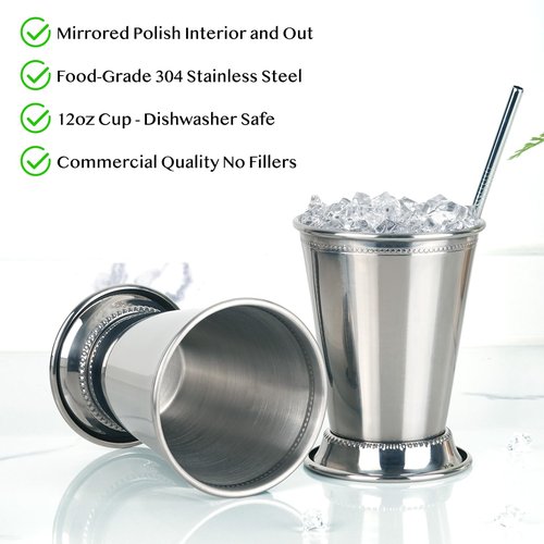 Fijinhom 12oz Mint Julep Cups with Straws Set of 4, Stainless Steel Beaded Mint Julep Cups, Mint Julep Glasses for Cocktails Mixed Drinks, Metal Cups for Beer Juice Beverage Party Bar Home Restaurant