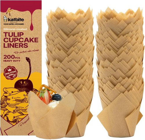 Katbite Tulip Cupcake Liners - 200PCS ProSmooth Brown Muffin Baking Cups for Perfect Treats