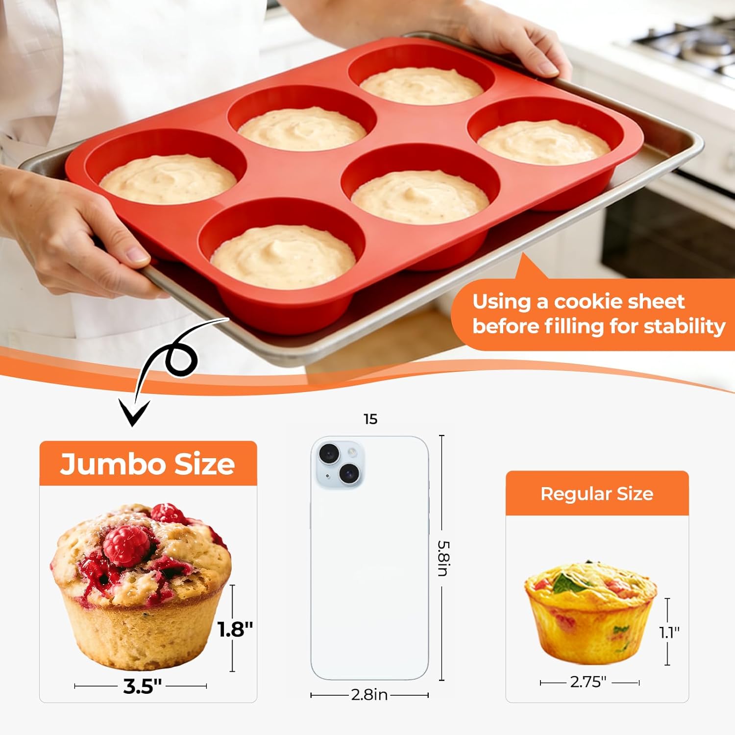 Skiennix Jumbo Muffin Pan - 6 Cup Silicone Baking Mold | 3.5 Inch Non-Stick Design
