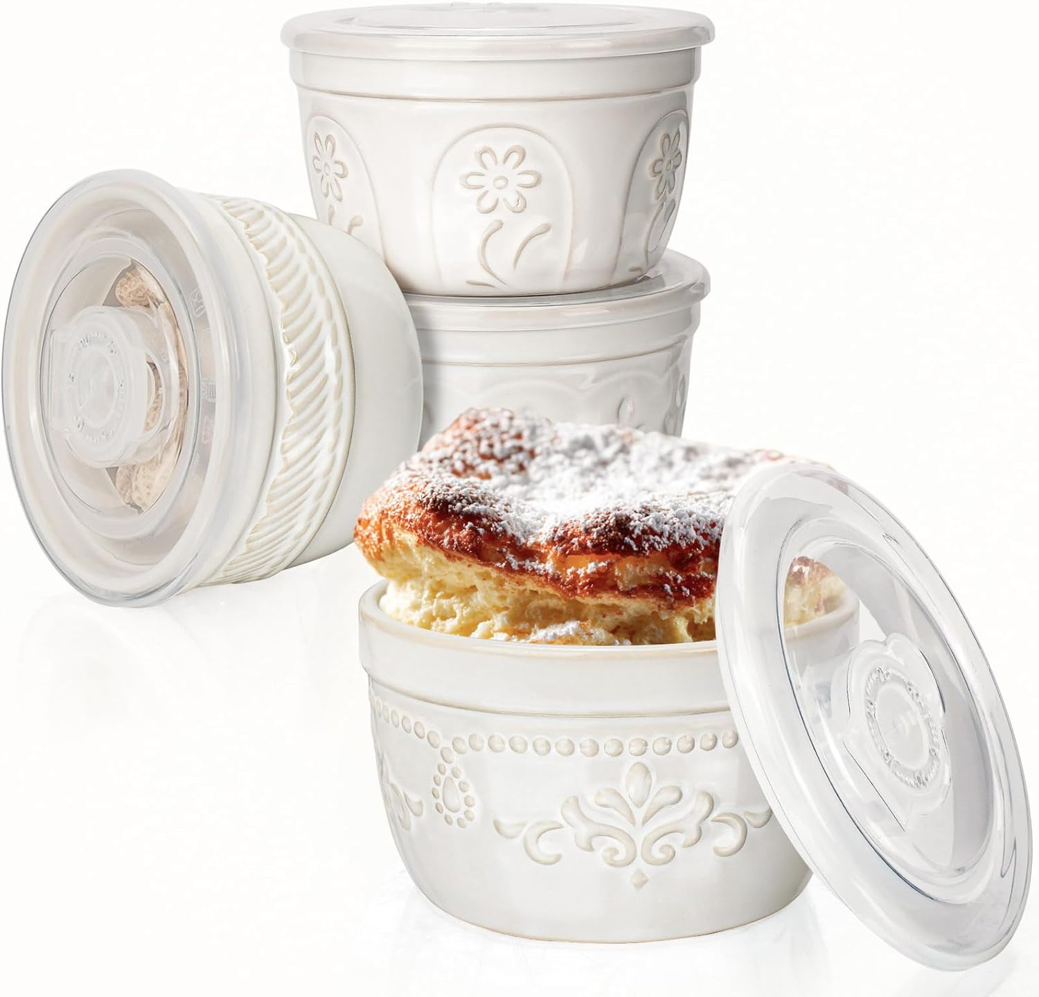 Artena Ramekins with Lids - Oven Safe Ceramic Baking Dishes for Crème Brûlée | Set of 4