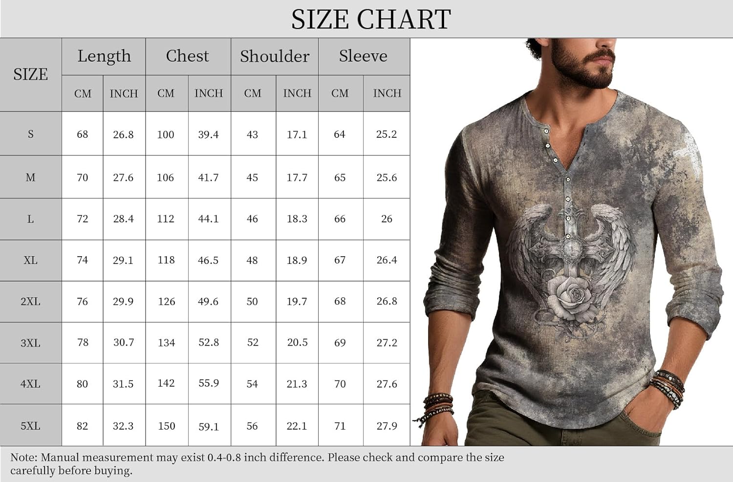Skiennix Men's Long Sleeve Henley Shirt - Lightweight V-Neck Floral Print Casual Top