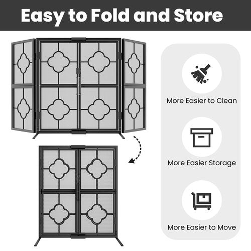 Amagabeli 3 Panel Fireplace Screen with Doors 48" W x 28" H Foldable Wrought Iron Heavy Duty Metal Modern Decorative Fireplace Spark Guard Cover Handcrafted Solid Mesh Stand Alone Screen for Fire