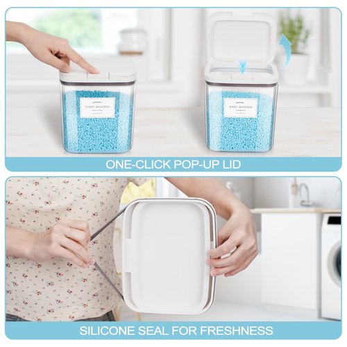 Zingbee 4 Pack Stackable Laundry Pods Container & Dryer Sheet Holder with Pop-Up Lids & Labels, Sealing Laundry Room Organization and Storage Jars for Powder, Scent Bead, Dryer Balls