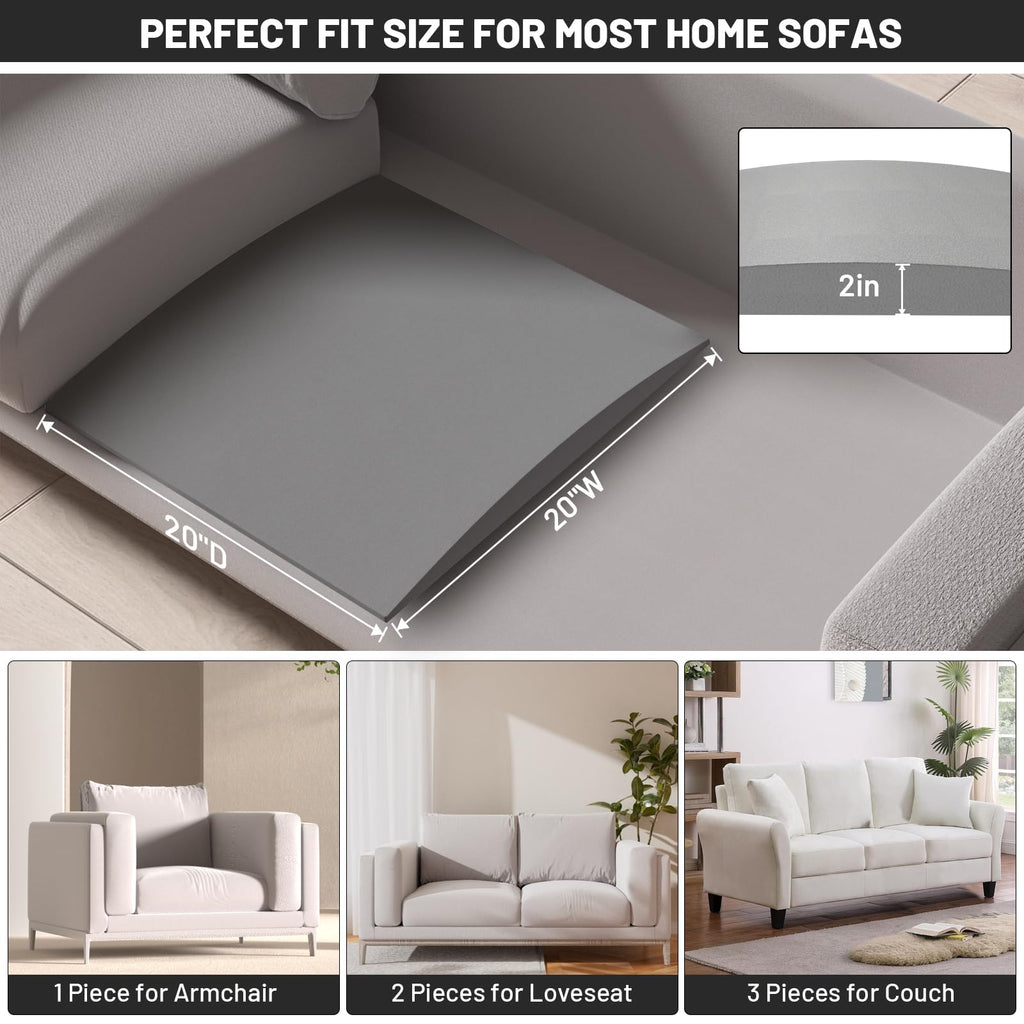 Spongiduits Couch Cushion Support for Sagging Seat, 20"x20"x2" 40D High Density Curved Foam Sofa Cushion Support, Under-Cushion Sag Repair,Grey Set of 2