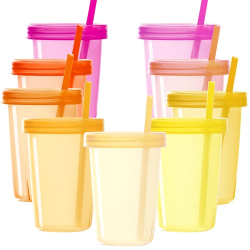 Youngever 9 Sets 16 Ounce Plastic Cups with Lids and Straws, Reusable Plastic Cups with Straws (Pink Colors)