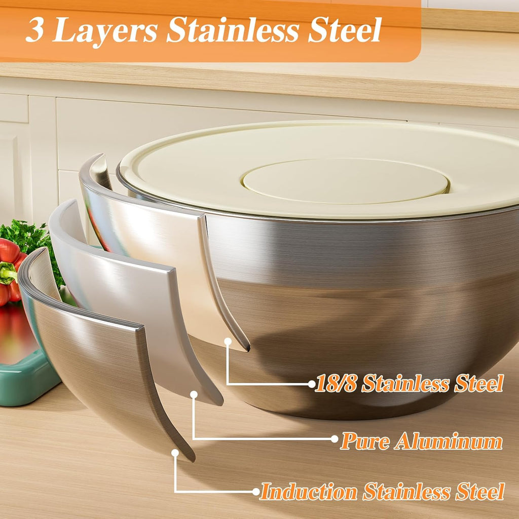 Skiennix Stainless Steel Mixing Bowls Set - 6 PCS with Lids & 3 Grater Attachments | Nesting Kitchen Organizers