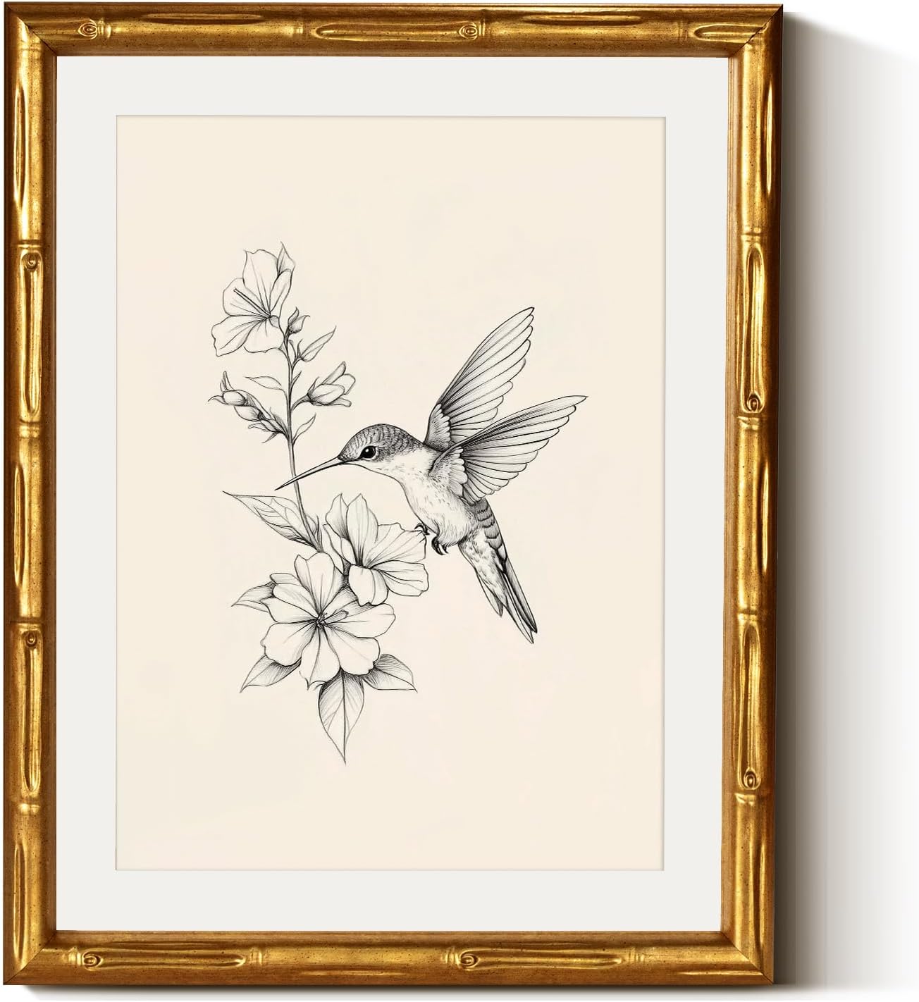 Skiennix Hummingbird Wall Art - Classic Black & White Botanical Illustration | 11x14 Framed Canvas Print