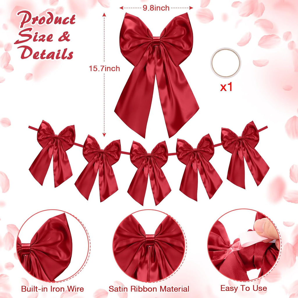 Suncalla 6 FT Burgundy Valentine's Day Bow Garland - Pre-Strung Party Banner with 10-Inch Bows for Weddings & Showers