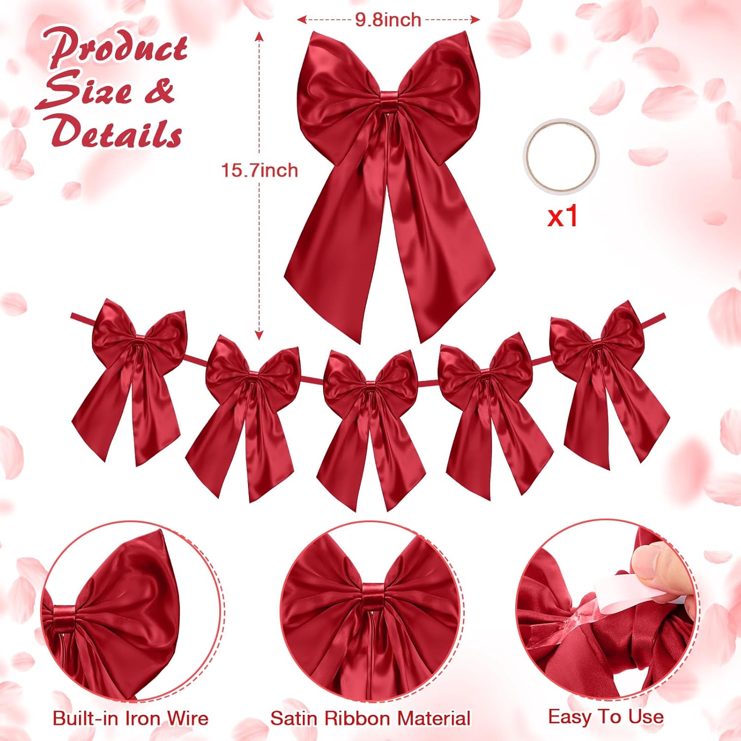 Suncalla 6 FT Burgundy Valentine's Day Bow Garland - Pre-Strung Party Banner with 10-Inch Bows for Weddings & Showers