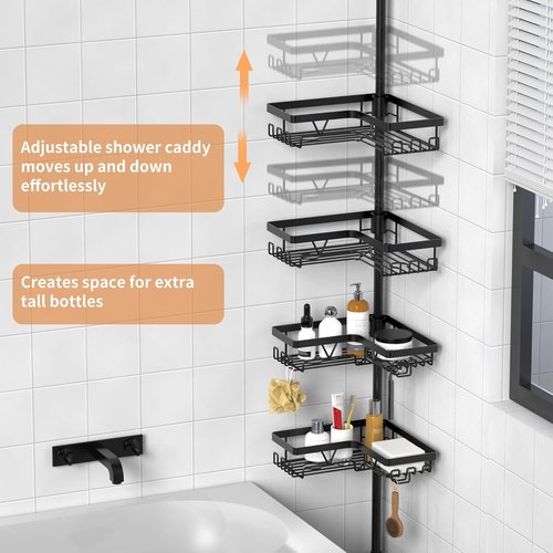 KEGII Black Shower Caddy - Adjustable Tension Pole Organizer with 2 Towel Bars | Rustproof Bathroom Storage, 25–114.2 Inch
