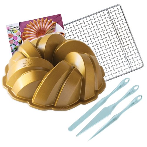 Nordic Ware Braided Bundt Pan + Recipe Card With Cake Finishing Tool Kit + Baking and Cooling Rack