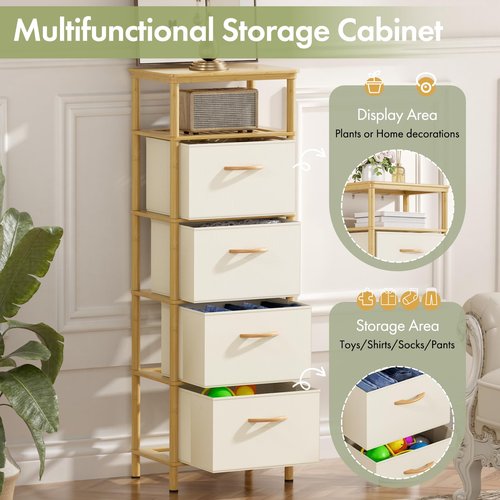 EZ2LIVE Bamboo Tall Skinny Dresser, Small Space Storage Narrow Dresser, 4 Large Water-Resistant Fabric Drawers, Small Dressers, for Bedrooms, Living Rooms, Hallways