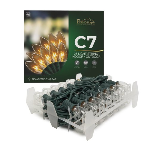 Formosa Lights C7 26ft Indoor/Outdoor Clear Incandescent Christmas String Lights with 25 Bulbs and E12 Base | 120V, 5W