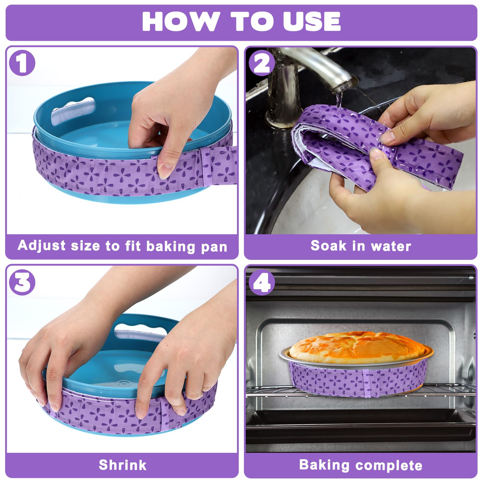 4 Pcs Cake Strips, Washable Reusable Cake Pan Wraps for Even Baking Convenient Cakes Bakings Supplies for Kitchen Bakery Restaurant to Evenly Moist Level(Purple)