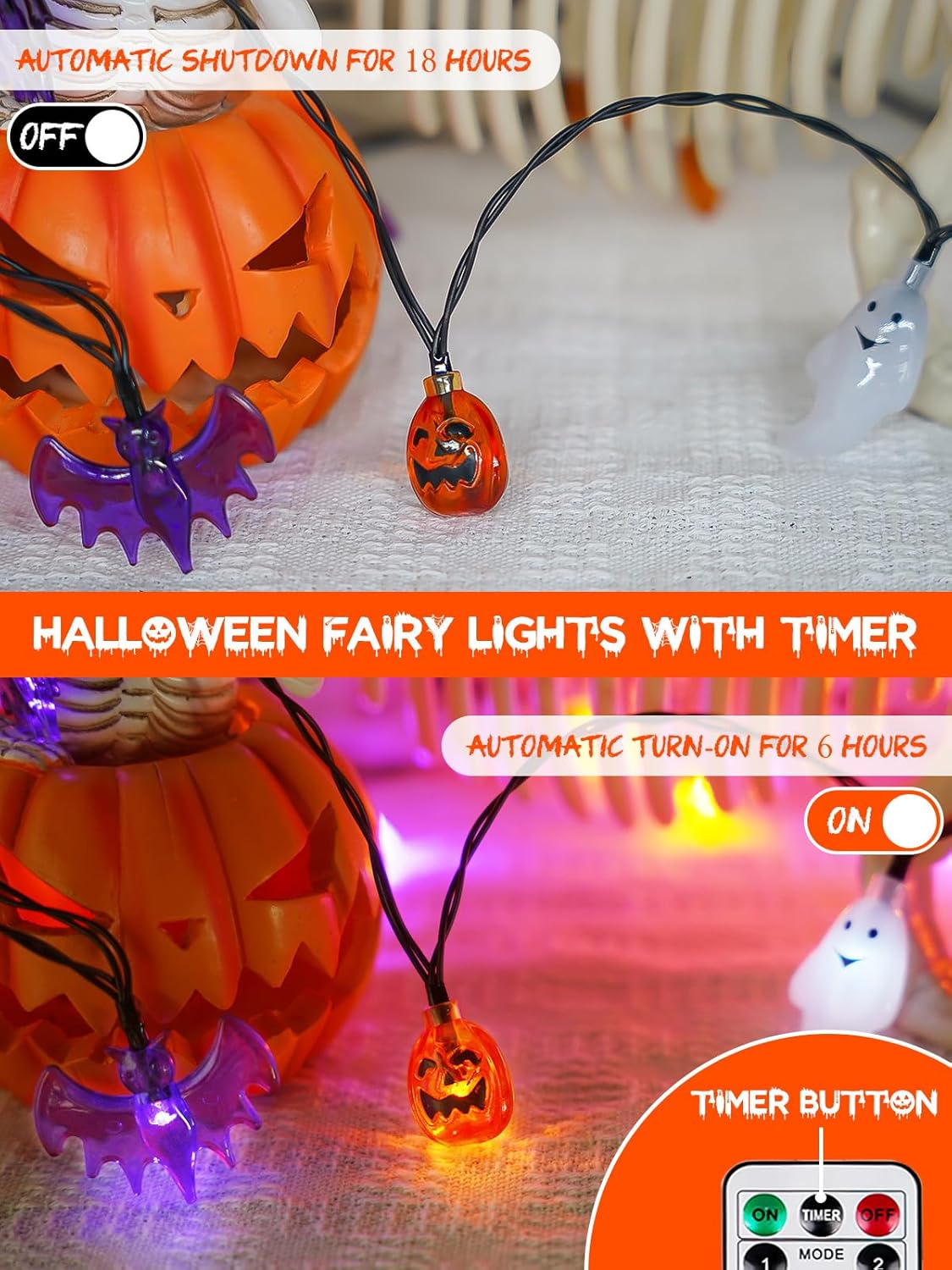 Skiennix Halloween String Lights - 30 LED 3D Pumpkin, Bat & Ghost Fairy Lights | Battery Operated with Remote & Timer