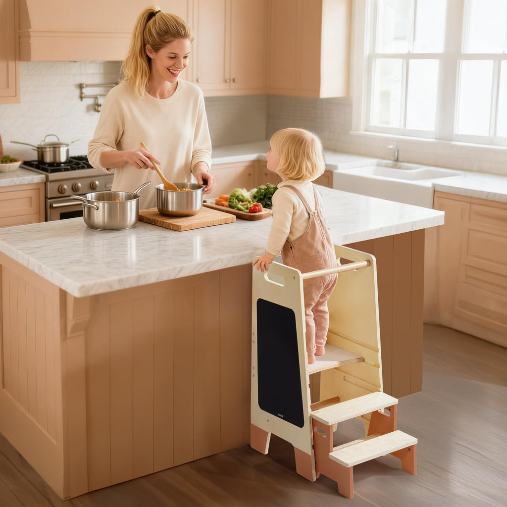 ROBOTIME Toddler Standing Tower, Learning Tower with Step Stool Set, 2-in-1 for Kids, Adjustable Height Toddler Tower for Kitchen & Bathroom, Learning Tower with Blackboard for 2 Year Old