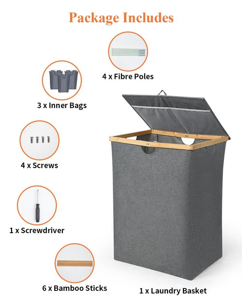 OTraki 3 Section Laundry Hamper with Lid, 150L Clothes Hampers for Laundry with Bamboo Handles and Removable Bag, Large Foldable Laundry Basket for Bedroom, Bathroom, Dorm, Laundry Room, Grey