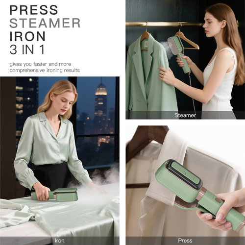 XYVIA Handheld Press Steamer for Clothes, 3-in-1 Mini Travel Press Iron, 180° Rotatable, 1000W 15s Fast Heat-Up, Portable Garment Wrinkle Remover for Collars & Cuffs (Matcha Green)