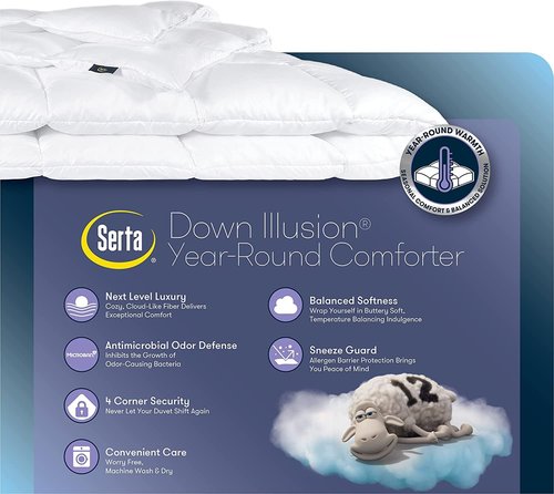SERTA Down Illusion All Season Hypoallergenic Down Alternative Comforter with Corner Loops, King/Cal King, White