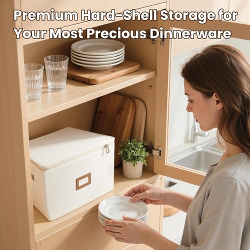 HOMELUX THEORY Hard Shell China Storage Containers - 8pc Ivory Mug & Plate Box with Lids | Heavy-Duty Kitchen Storage Bins