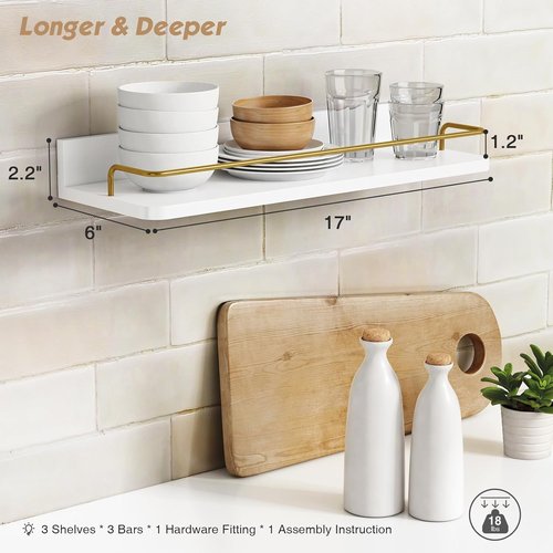 Forbena Gold Floating Shelves - Modern Wall Decor Set of 3 with Guard Rail - White and Gold