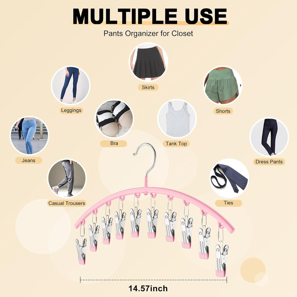 Skiennix Legging Organizer - Space-Saving Metal Yoga Pants Hangers | 4 Pack with 10 Clips, Pink