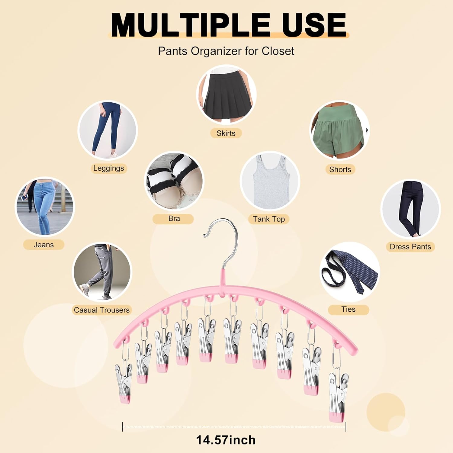 Skiennix Legging Organizer - Space-Saving Metal Yoga Pants Hangers | 2 Pack with 10 Clips, Pink