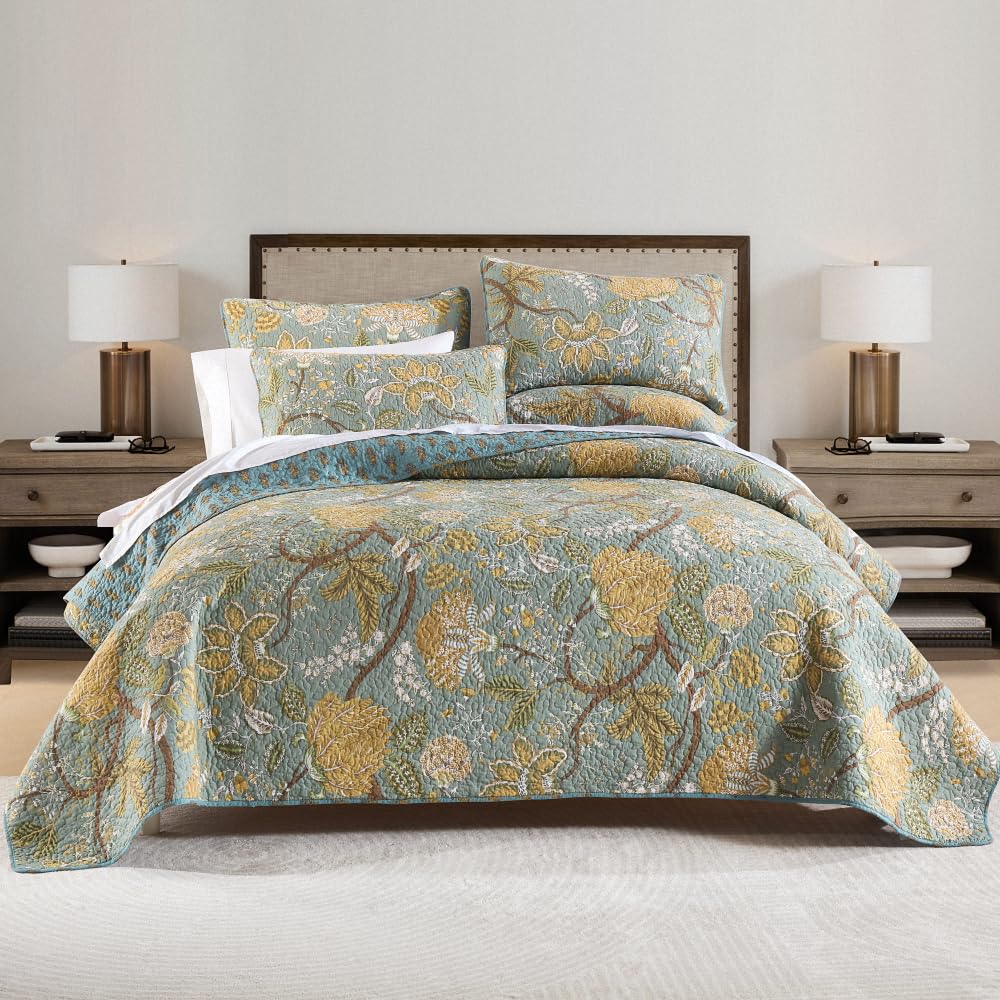 Wistown Cotton Bedspread Bedding Coverlet Quilt Sets, Reversible Vintage Branch Floral Bedspread comforters, (Rustic Sage Green Floral Pattern, King Size)