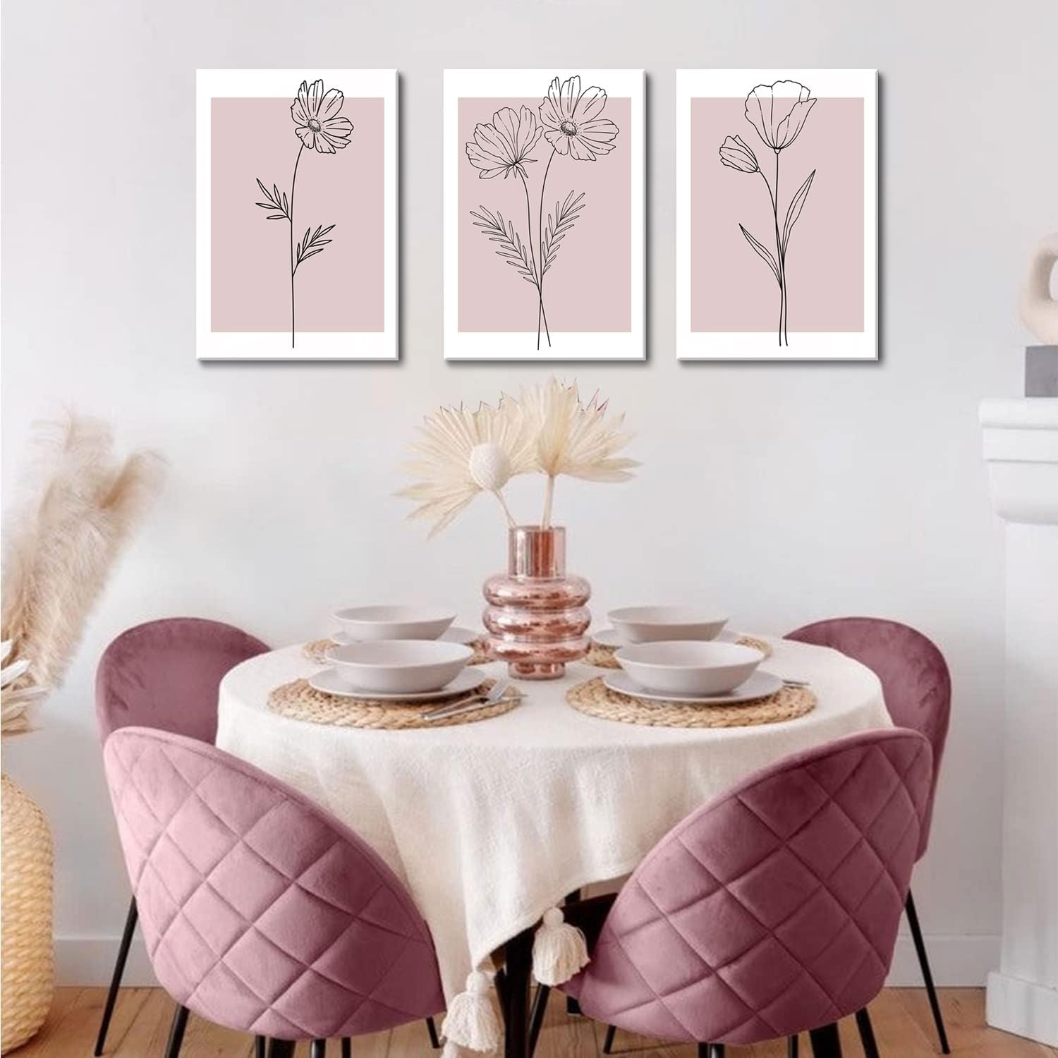 Pink Flower Market Wall Art Set of 3 - Aesthetic Canvas Prints for Bedroom & Living Room | Framed 12x16 Inch