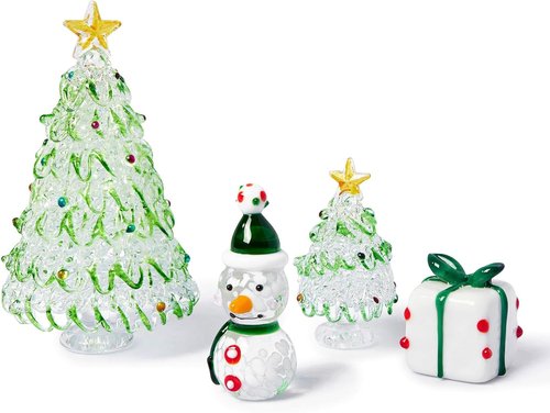 HDCRYSTALGIFTS Mini Blown Glass Christmas Figurines - Set of 4 Collectible Ornaments for Holiday Decor