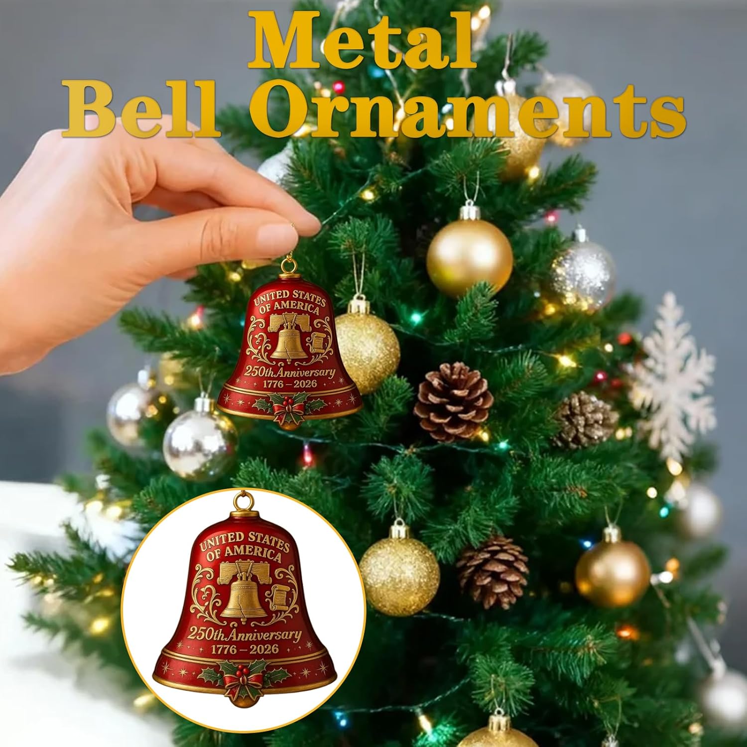 USA 250th Anniversary Bell Ornament - 3D Vintage-Style Metal Decor for Patriotic Holidays | 2PCS Red & Blue