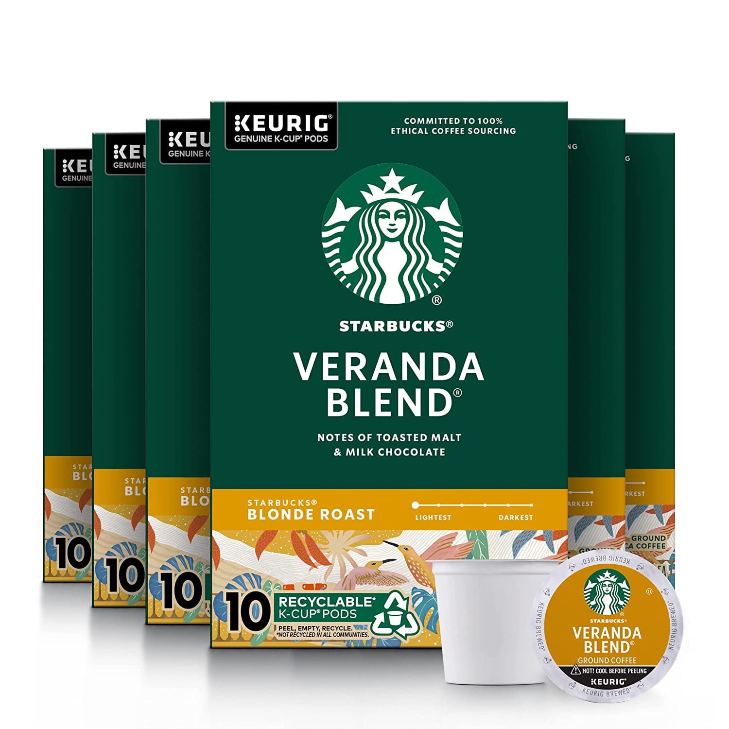 Starbucks K-Cup Pods - Veranda Blend Blonde Roast 100% Arabica Coffee - 10 Pods Per Box (Pack of 6)