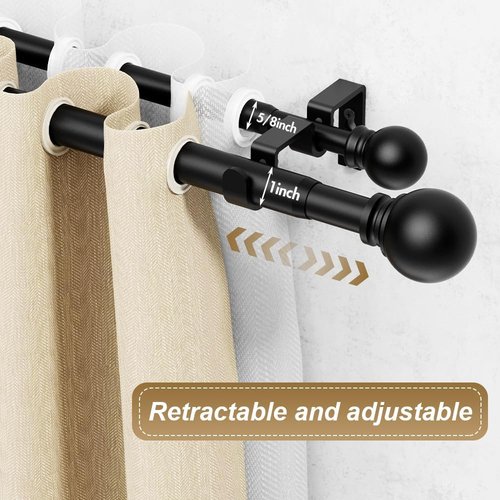 GXOACKJ Double Curtain Rods - Adjustable 36 to 90 Inch Heavy Duty Drapery Rods with Round Finials - Black
