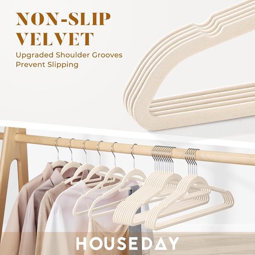 HOUSE DAY Velvet Hangers - Non-Slip Space-Saving Felt Hangers with Tie Bar | 60 Pack in Ivory for Clothes, Pants, Coats, and More