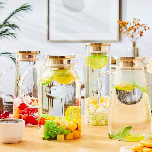 Didaey 4 Pcs 1.5/1.8/2 Liter Glass Pitcher with Lid and Spout Heat Resistant Glass Water Carafe with Handle for Hot/cold Beverages Large juice Jug for Juice Coffee Iced Tea, 51oz, 61oz, 68oz