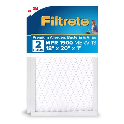 Filtrete 18x20x1 AC Furnace Air Filter, MERV 13, MPR 1900, Premium Allergen, Bacteria & Virus Filter, 3-Month Pleated 1-Inch Electrostatic Air Cleaning Filter, 2-Pack (Actual Size 17.81x19.81x0.81 in)