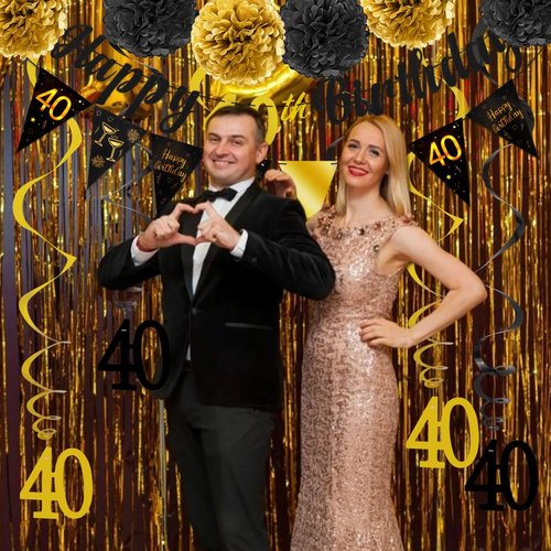 TOBATOBA 40th Birthday Decorations Kit for Men Women, Black Gold Happy 40th Birthday Banner, Triangle Flag Banner 40th Birthday Party Decorations, 40 Year Old Birthday Party Supplies Pre-assembled