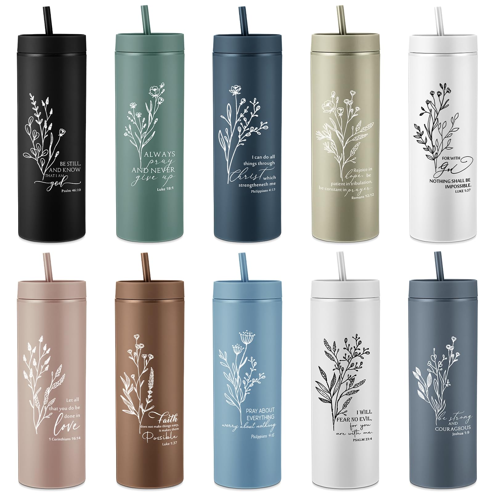 Teenyyou 10 Pcs Christian Mother's Day Tumbler Church Gifts for Women Fathers Day for Men Bible Verse Skinny Cups 16 oz Plastic Religious Cups with Lid Straws for Administrator Volunteer Nurse Gifts